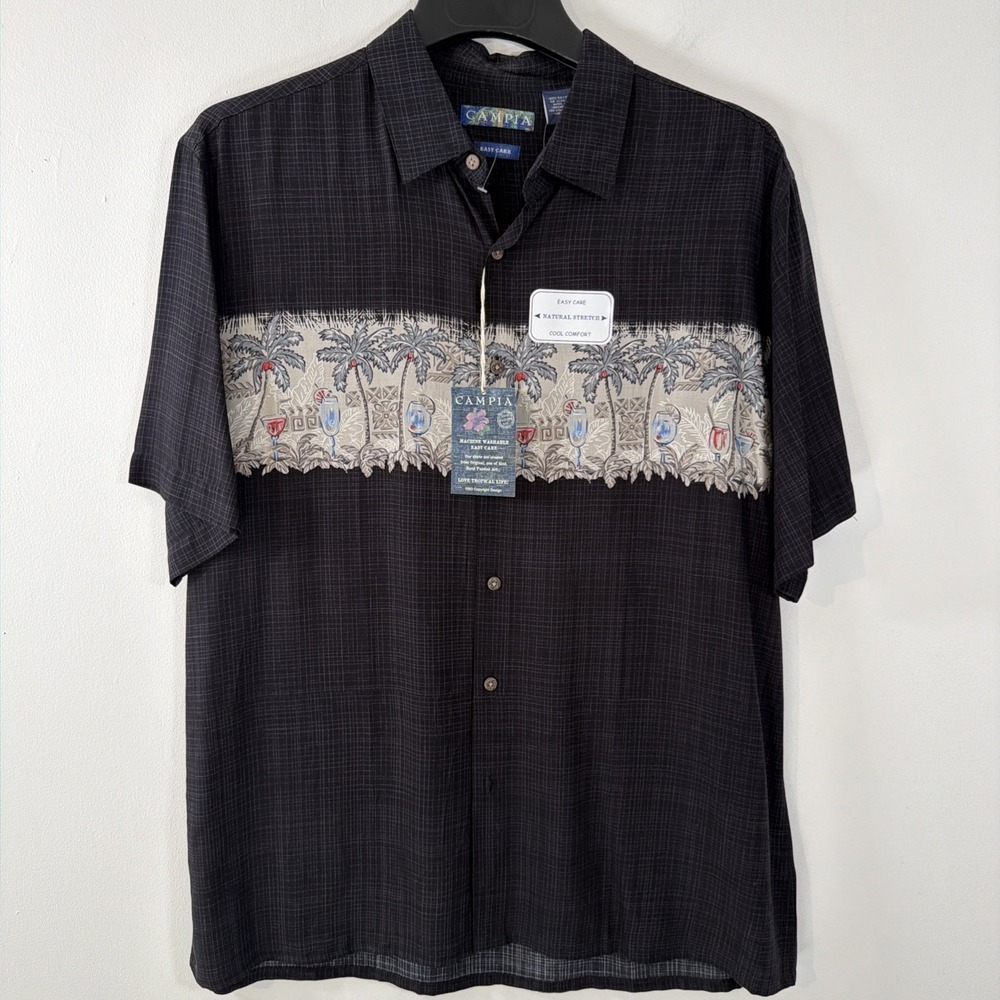 Campia Moda Hawaiian Shirt Black Short Sleeve Large Cocktails Drinks NWT Fun Art